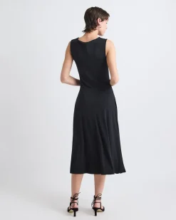 Sleeveless Crew-Neck Midi Dress with Shirred Seam