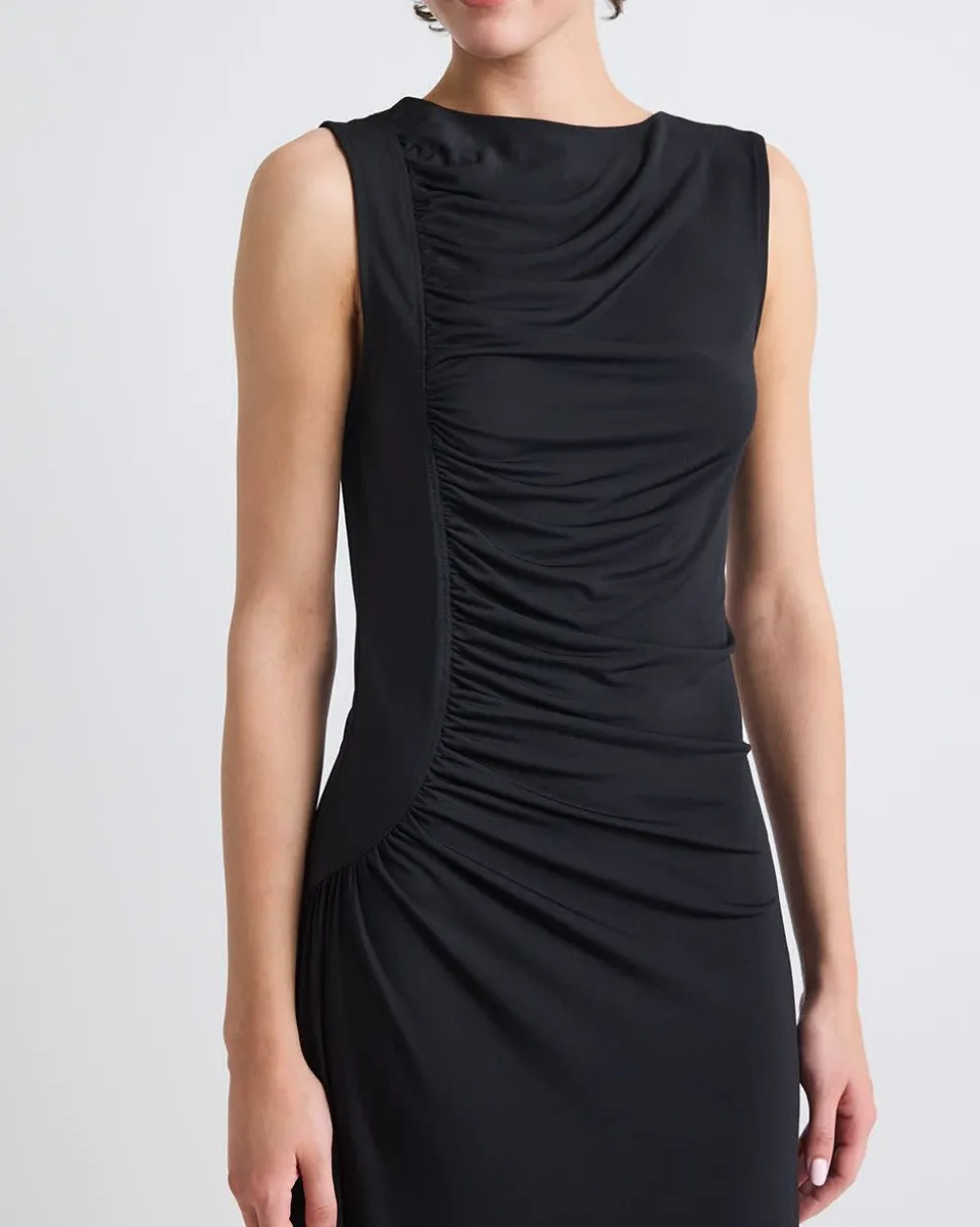 Sleeveless Crew-Neck Midi Dress with Shirred Seam