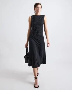 Sleeveless Crew-Neck Midi Dress with Shirred Seam