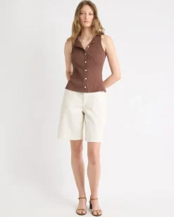 Sleeveless Crew-Neck Ribbed Buttoned-Down Top