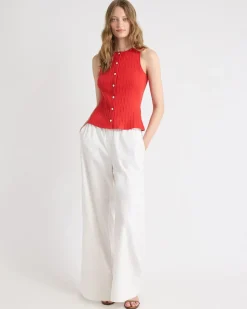 Sleeveless Crew-Neck Ribbed Buttoned-Down Top