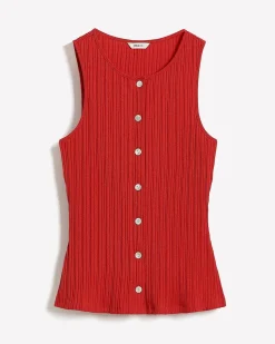 Sleeveless Crew-Neck Ribbed Buttoned-Down Top