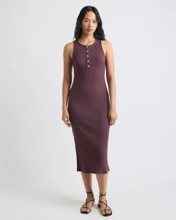 Sleeveless Crew-Neck Ribbed Midi Dress with Buttoned Placket
