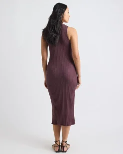 Sleeveless Crew-Neck Ribbed Midi Dress with Buttoned Placket