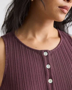 Sleeveless Crew-Neck Ribbed Midi Dress with Buttoned Placket