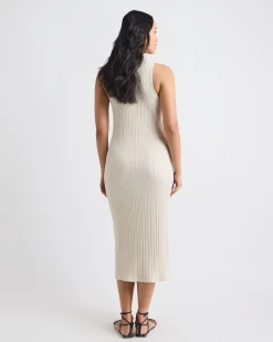 Sleeveless Crew-Neck Ribbed Midi Dress with Buttoned Placket