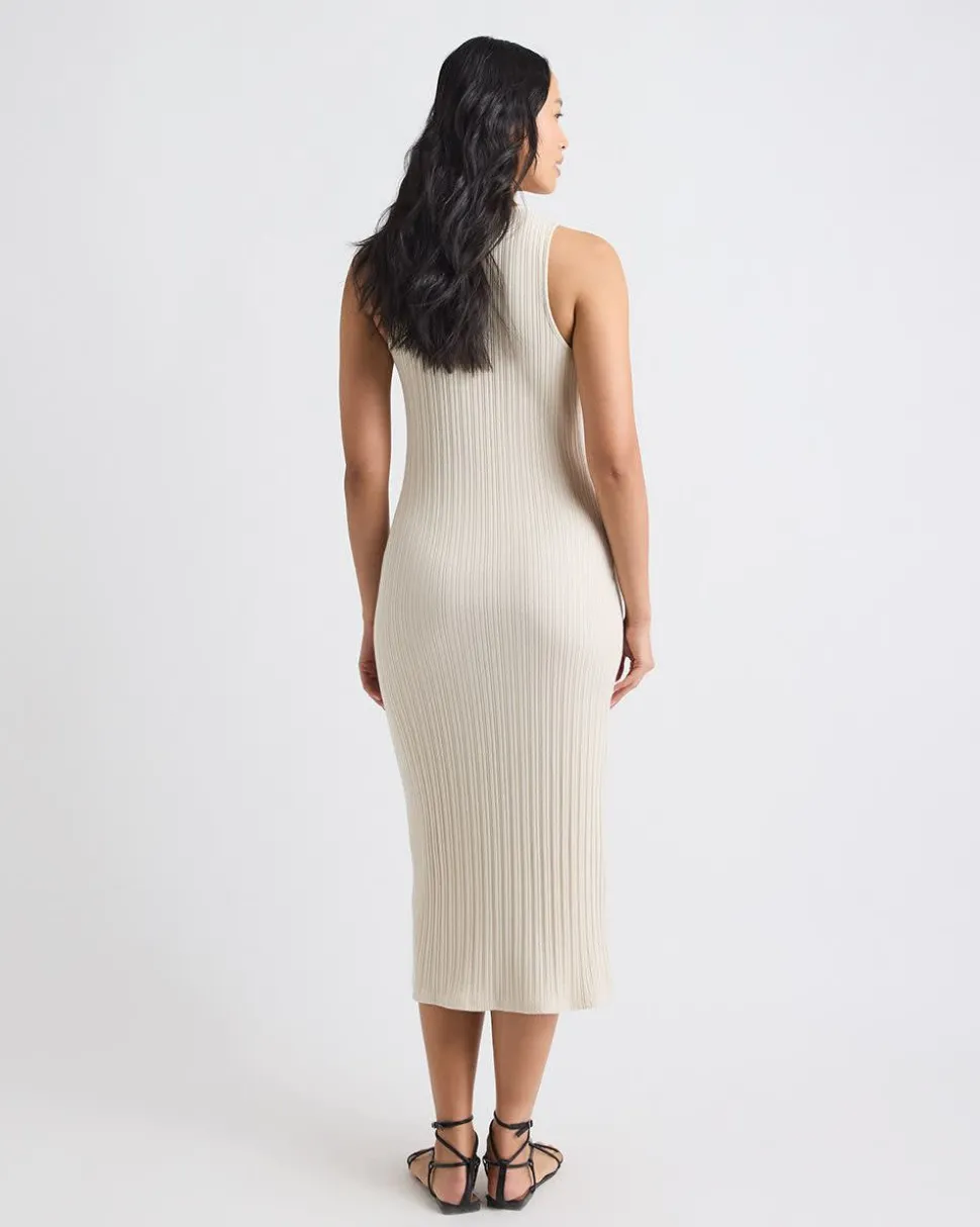 Sleeveless Crew-Neck Ribbed Midi Dress with Buttoned Placket
