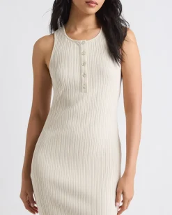 Sleeveless Crew-Neck Ribbed Midi Dress with Buttoned Placket