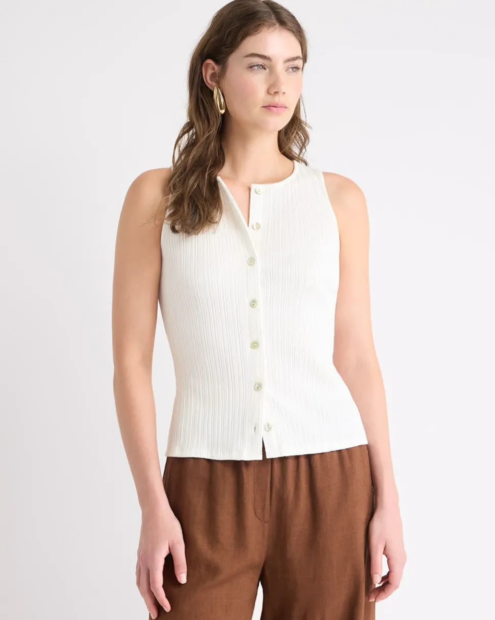 Sleeveless Crew-Neck Ribbed Buttoned-Down Top