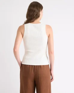 Sleeveless Crew-Neck Ribbed Buttoned-Down Top