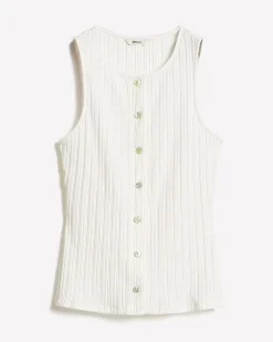 Sleeveless Crew-Neck Ribbed Buttoned-Down Top