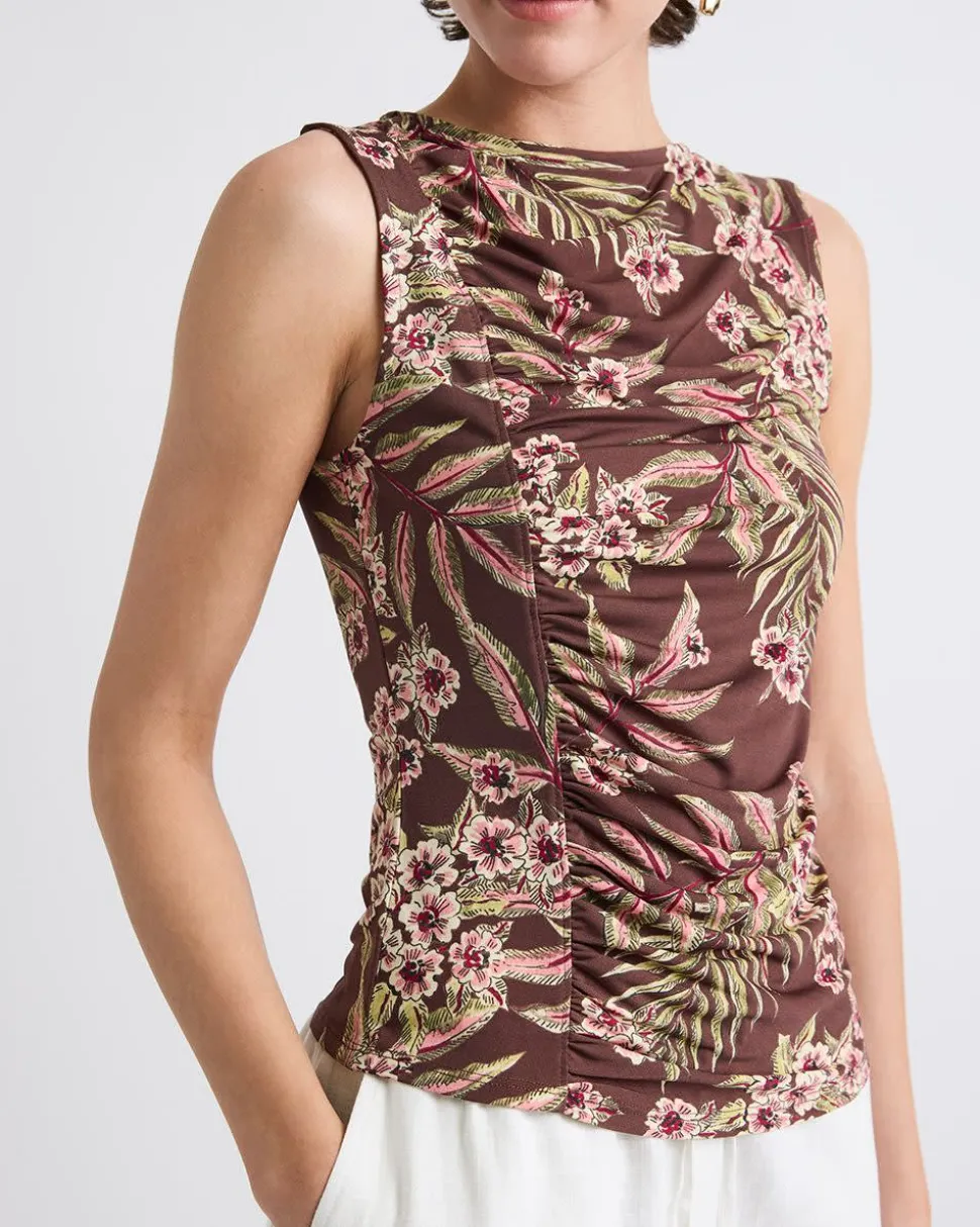Sleeveless Crew-Neck Top with Shirred Seam
