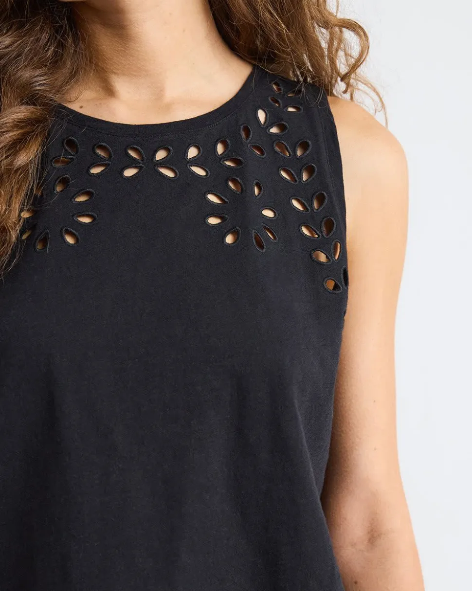 Sleeveless Crew-Neck Top with Eyelet Details