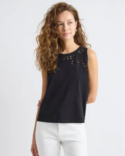 Sleeveless Crew-Neck Top with Eyelet Details
