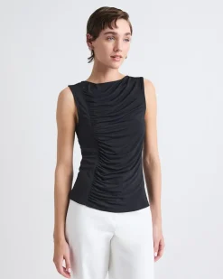 Sleeveless Crew-Neck Top with Shirred Seam