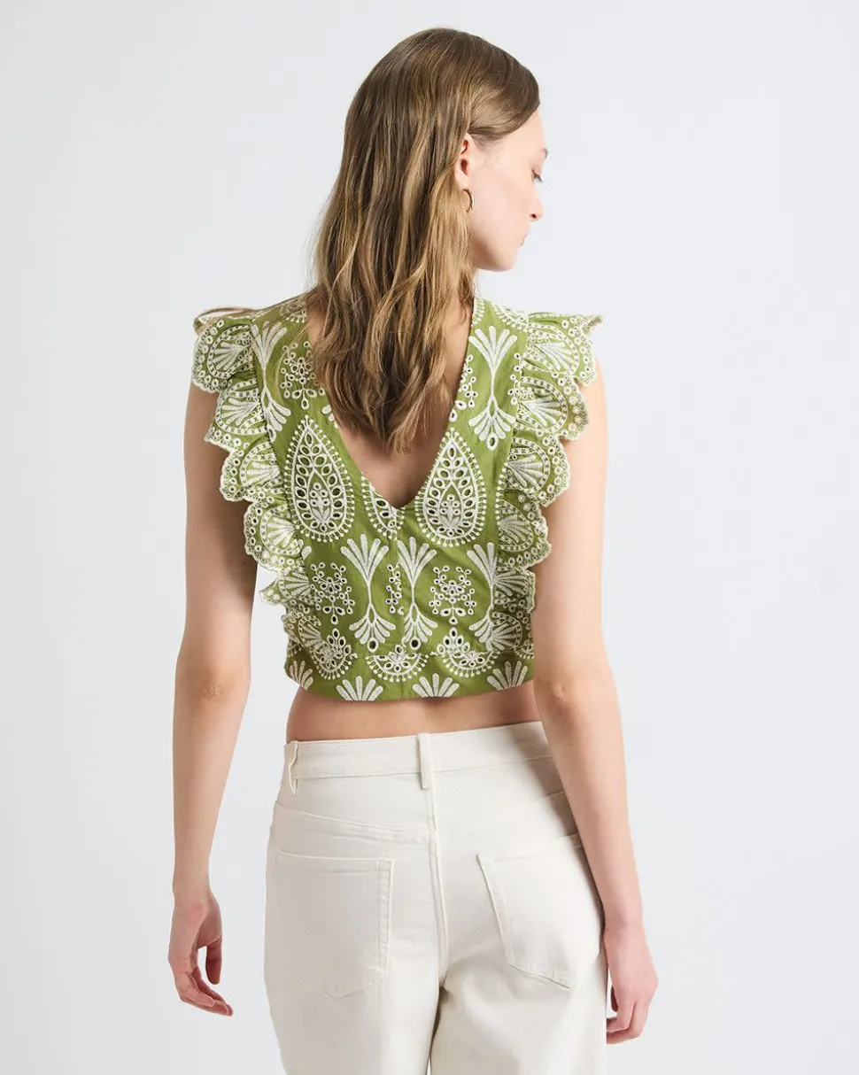 Sleeveless Embroidered Blouse with Ruffles