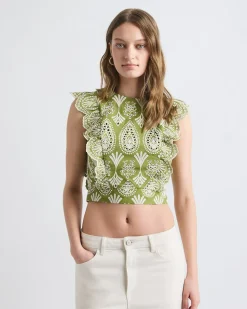 Sleeveless Embroidered Blouse with Ruffles