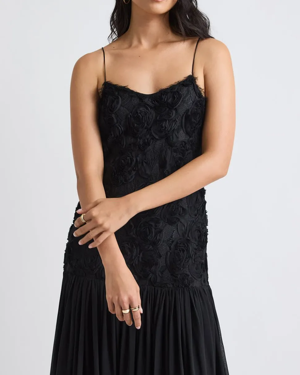 Sleeveless Fit-and-Flare Maxi Cocktail Dress with 3D Flowers