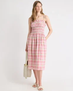 Sleeveless Fit-and-Flare Midi Dress with Smocked Top