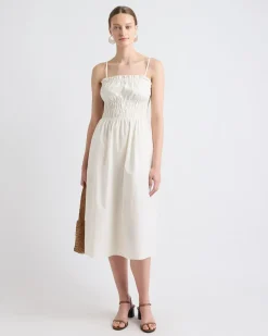Sleeveless Fit-and-Flare Poplin Midi Dress with Smocked Top