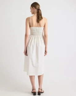 Sleeveless Fit-and-Flare Poplin Midi Dress with Smocked Top