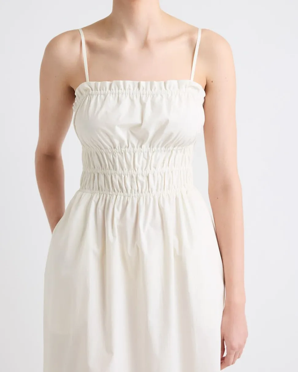 Sleeveless Fit-and-Flare Poplin Midi Dress with Smocked Top