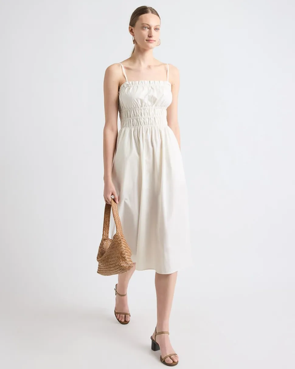 Sleeveless Fit-and-Flare Poplin Midi Dress with Smocked Top