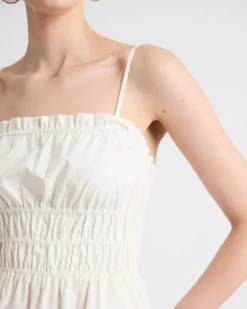 Sleeveless Fit-and-Flare Poplin Midi Dress with Smocked Top