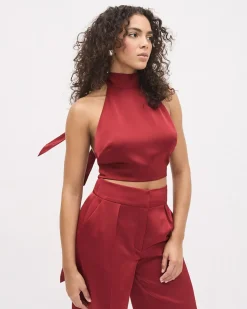 Sleeveless Halter-Neck Satin Cocktail Blouse