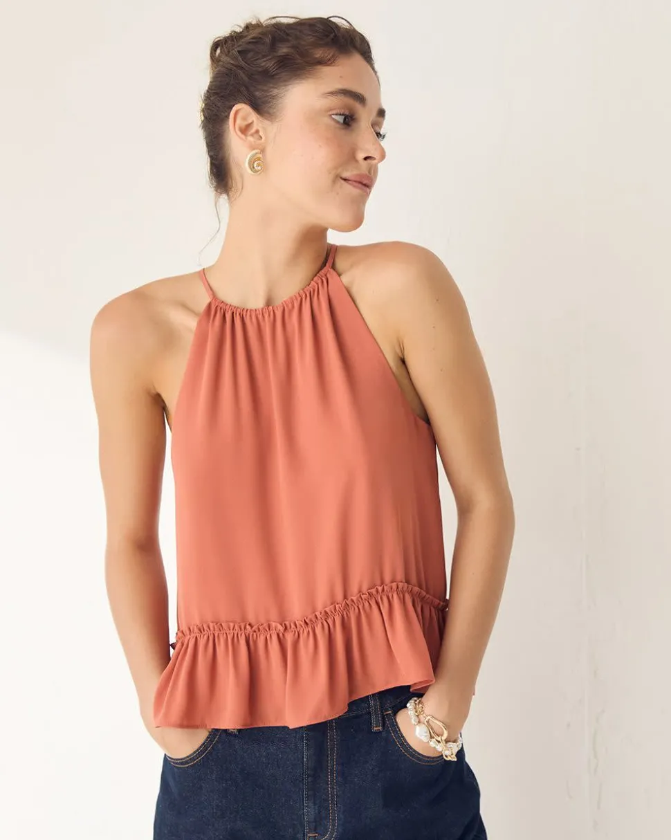 Sleeveless Halter-Neck Top with Ruffled Hem