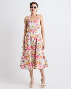 Sleeveless Midi Cocktail Dress with Halter Neckline