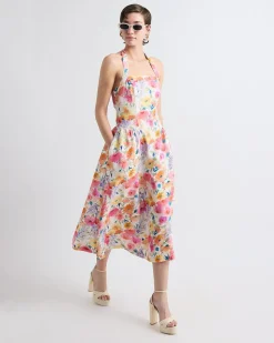 Sleeveless Midi Cocktail Dress with Halter Neckline