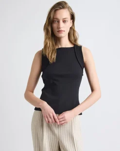 Sleeveless Mix-Media Crew-Neck Top