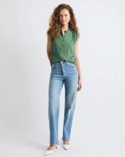 Sleeveless Mock-Neck Buttoned-Down Blouse with Ruffled Trim