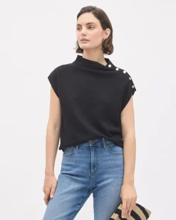 Sleeveless Mock-Neck Sweater with Buttons at Shoulder