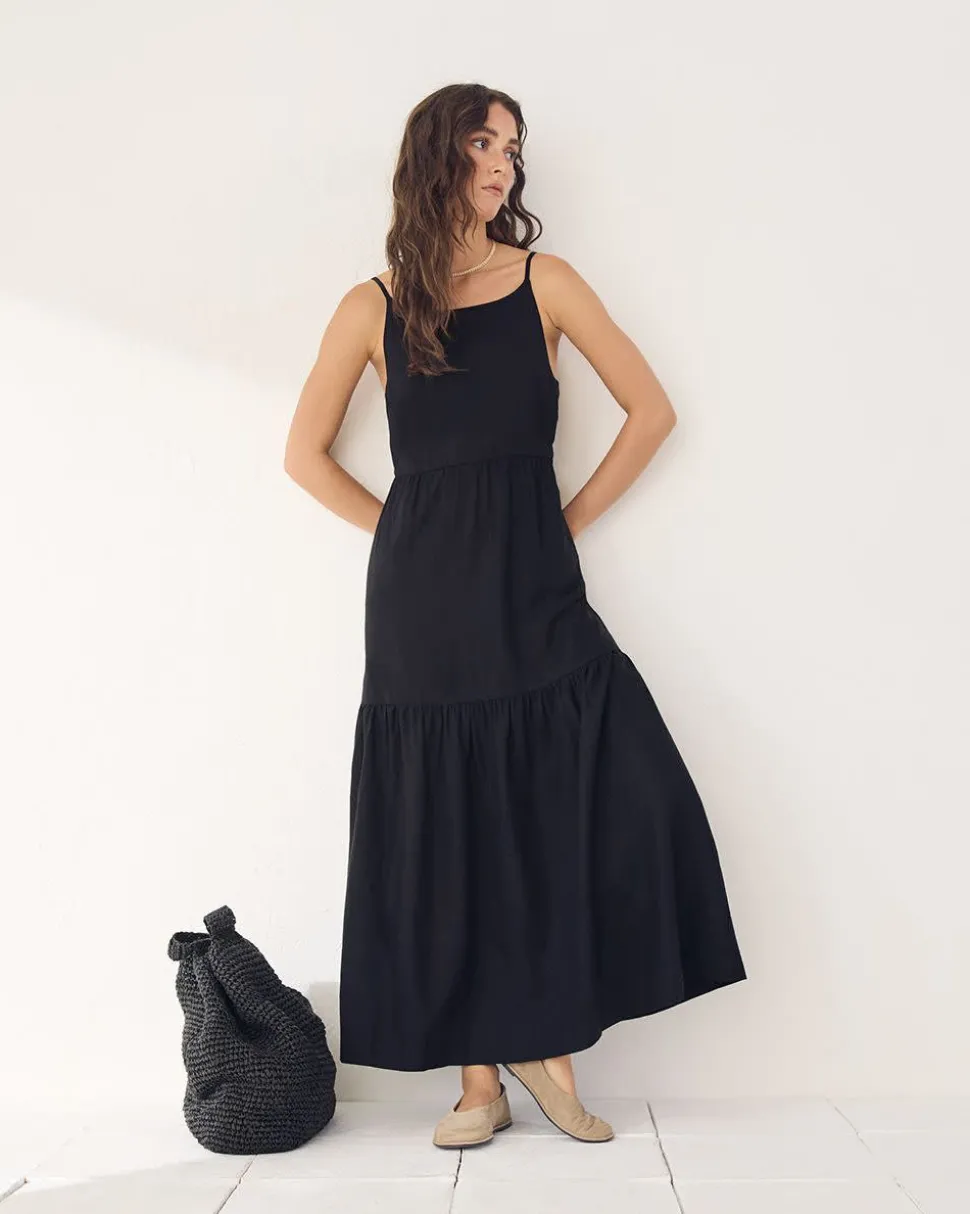 Sleeveless Square-Neck Linen-Blend Straight Maxi Dress