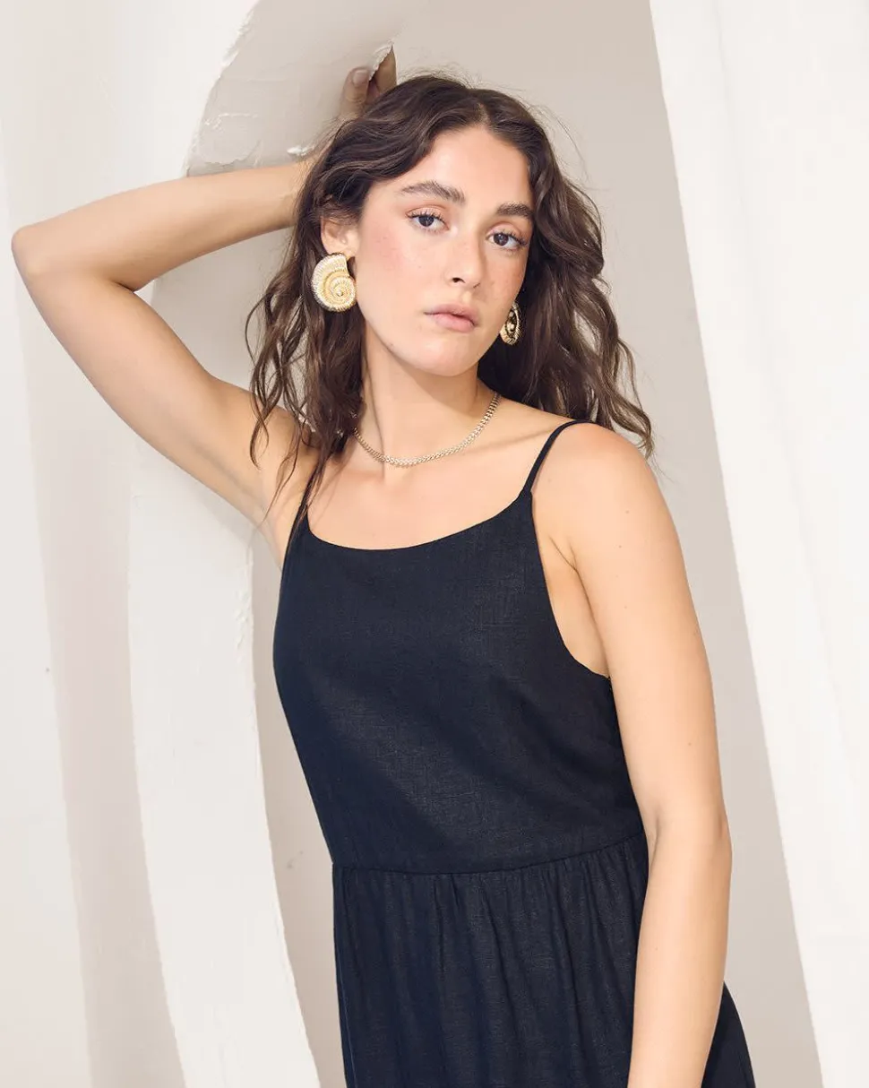 Sleeveless Square-Neck Linen-Blend Straight Maxi Dress