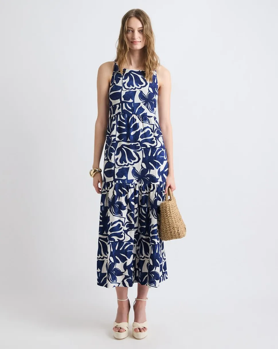 Sleeveless Square-Neck Linen-Blend Straight Maxi Dress