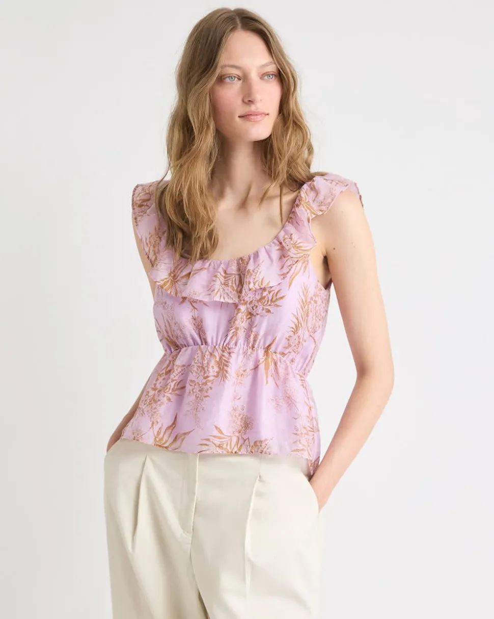 Sleeveless U-Neck Empire-Cut Blouse with Ruffles