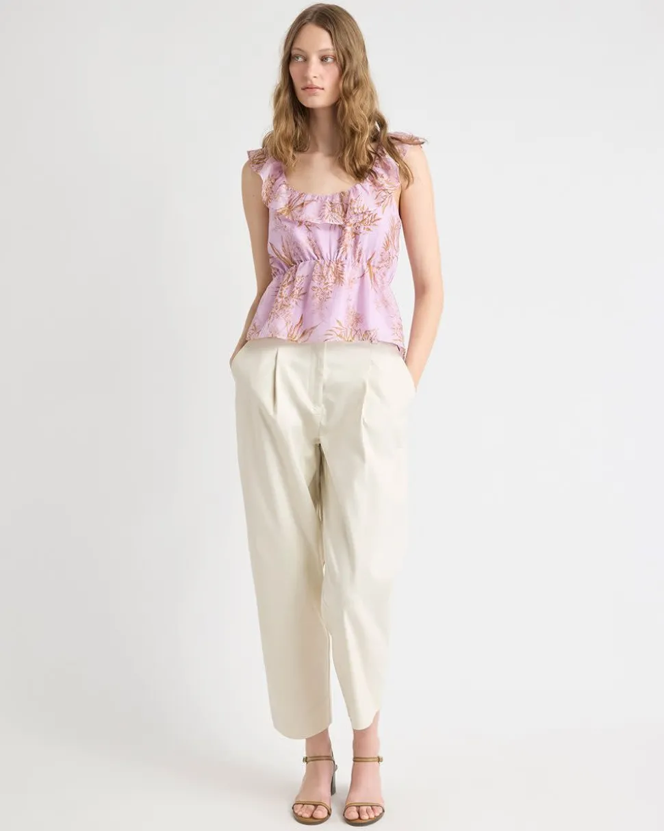 Sleeveless U-Neck Empire-Cut Blouse with Ruffles