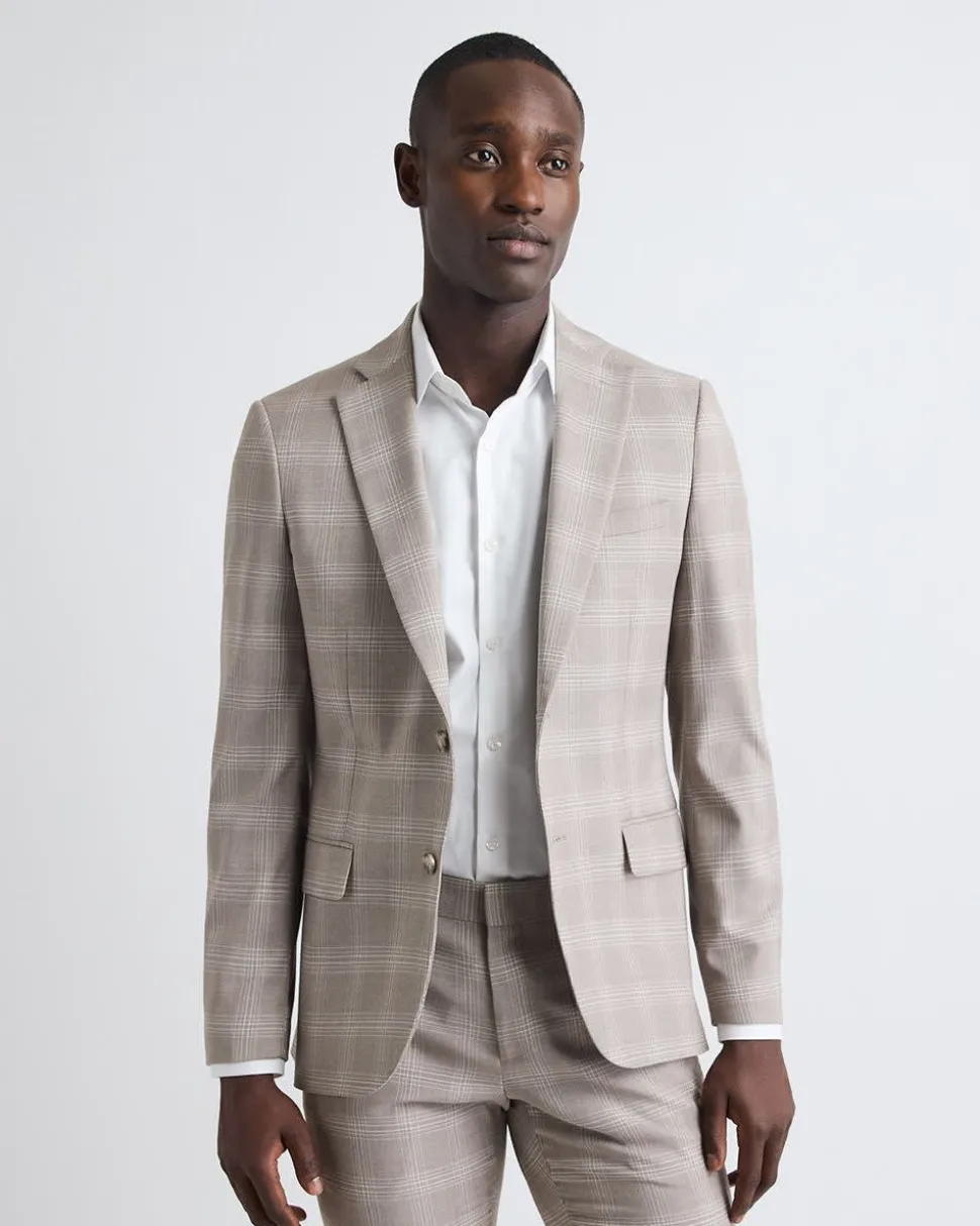 Slim-Fit Checkered Taupe Suit Blazer