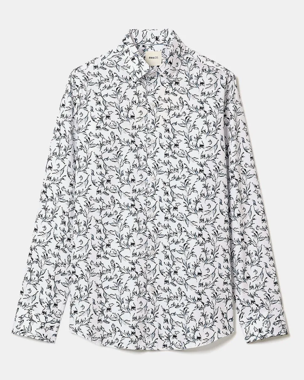 Slim-Fit Dress Shirt with Aquarelle Foliage Print