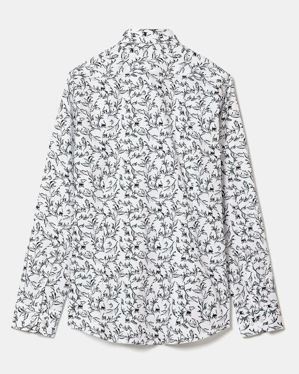 Slim-Fit Dress Shirt with Aquarelle Foliage Print