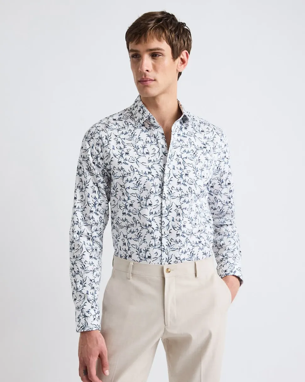 Slim-Fit Dress Shirt with Aquarelle Foliage Print