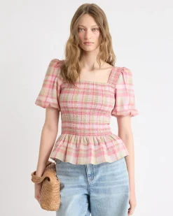 Smocked Peplum Blouse with Short Puffy Sleeves