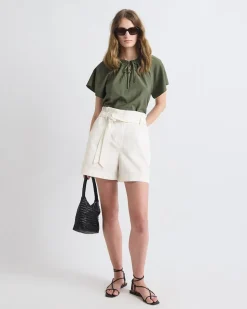Split-Neck Blouse with Short Flutter Sleeves