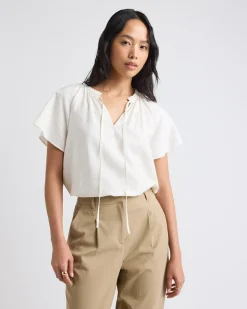 Split-Neck Blouse with Short Flutter Sleeves