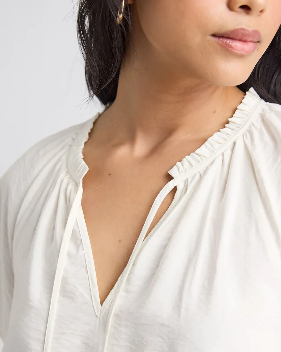 Split-Neck Blouse with Short Flutter Sleeves