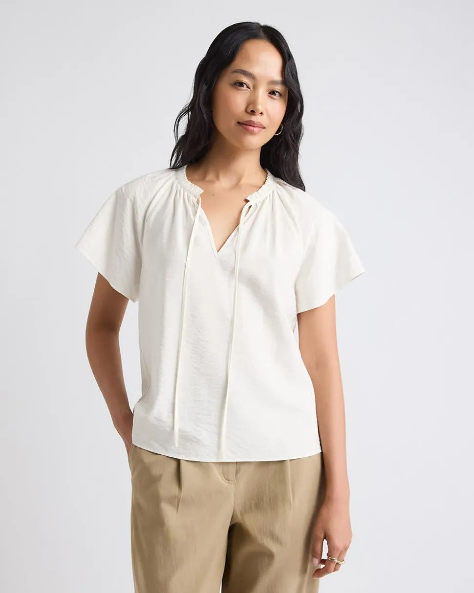 Split-Neck Blouse with Short Flutter Sleeves