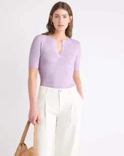 Split-Neck Elbow-Sleeve Ribbed Sweater